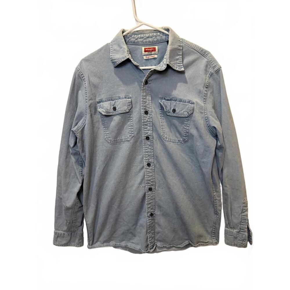 Wrangler Denim Button Up Shirt Mens M Blue Western Chambray Flex Comfort